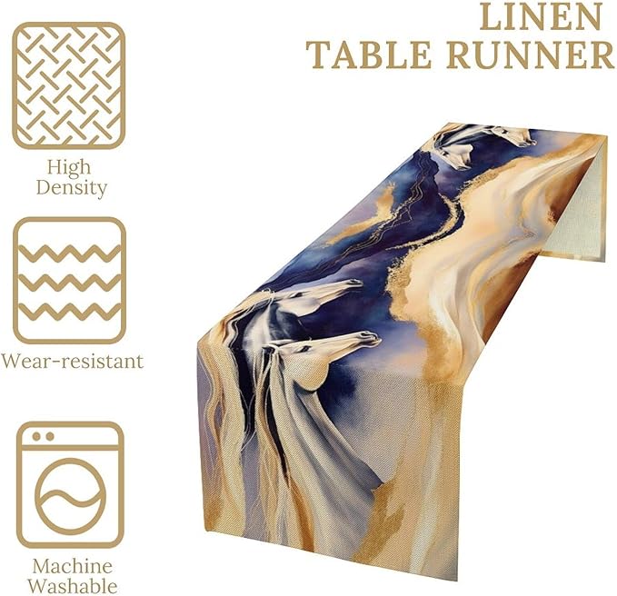 Marble Horse Table Runner, Dark Blue Gold Marble Abstract Horses Gold Natural Liquid Texture Dinner Runner Table Decoration for Home Kitchen Dining Holiday Party 13x120in
