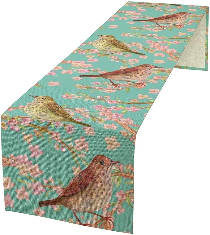 Table Runner with Flowers and Birds, Spring Plant Flowers Table Decoration Linen Table Runner Family Party Party Decorations 13x70 Inches