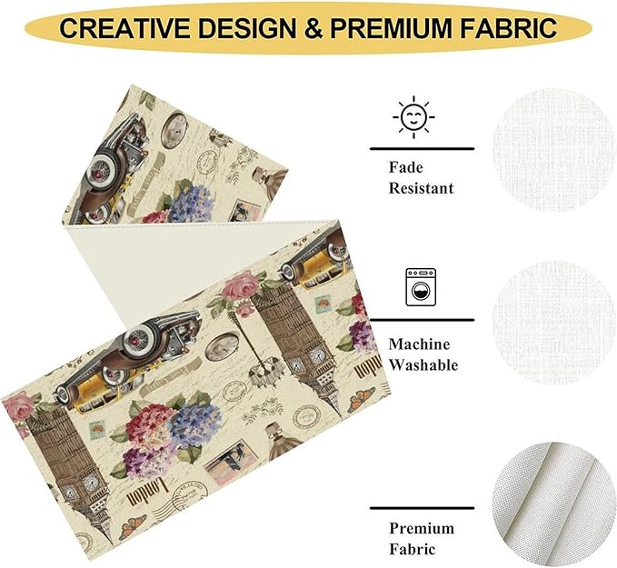 British Table Runner, Seasonal Vintage Floral England London Culture Element Coffee Table Center Decor for Home Kitchen Dining Patio Holiday Party Table Decorations 13x72 inches