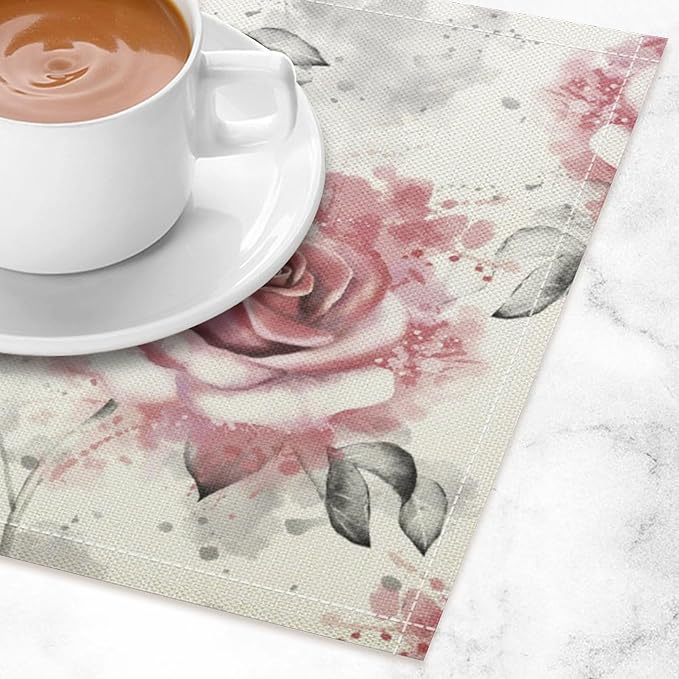 Rose Placemats Set of 6, 17x12 Inch Vintage Romantic Floral Pink Rose Gray Leaf White Table Mats for Home Party Kitchen Dining Decor