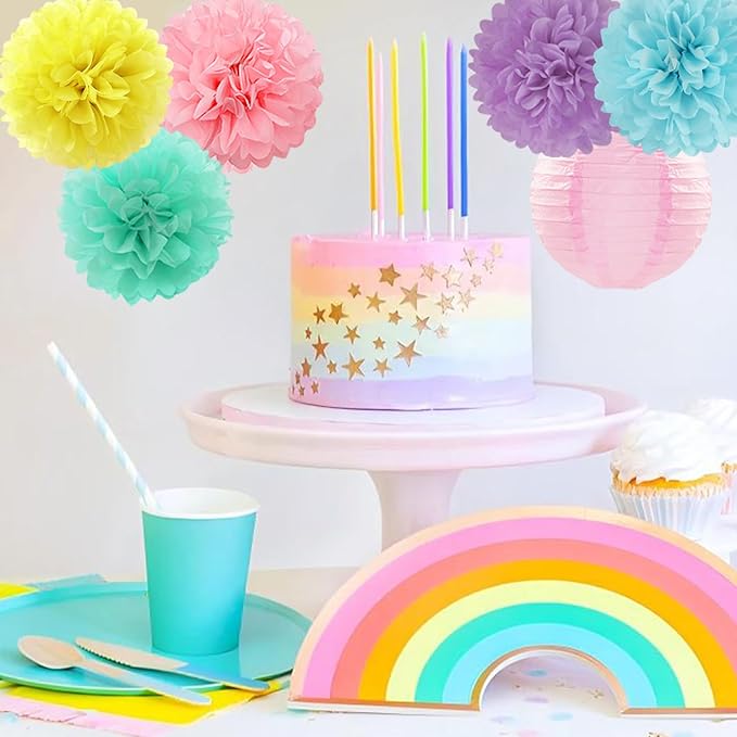 Pastel Paper Flowers Tissue Pom Poms Honeycomb Lanterns 15pcs Party Decorations for Rainbow Colorful Macaron Ice Cream Birthday Baby Shower Easter Carnival Wedding Hanging Supplies Mprocherify