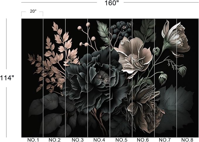 Eierme-Black Background with Flowers and Leaves Mural Wallpaper Peel and Stick 160" x 114"