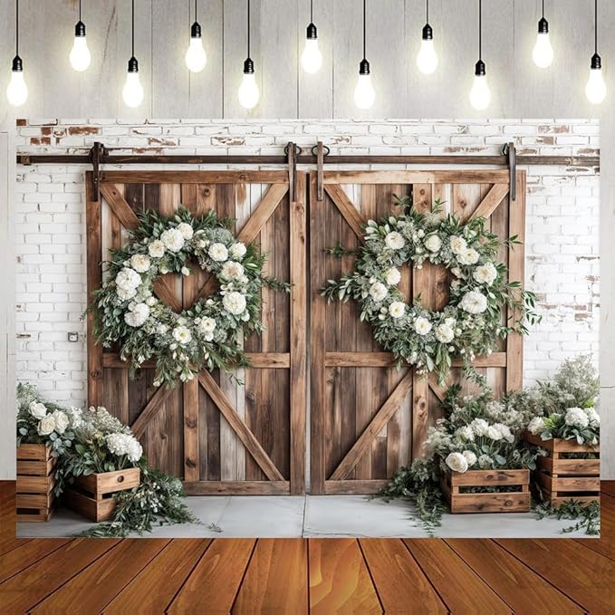 Rustic Barn Door Photography Backdrops, White Flower Wood Brown Barn Door Backdrop, Wedding Birthday Party Decors Photo Booth Props 7x5ft