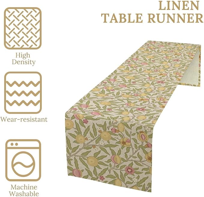 Vintage William Morris Table Runner, Yellow Lemon Fruit Peach Plant Boho Farmhouse Decor Table Runner for Kitchen Dining Home Party, 13x120 Inch