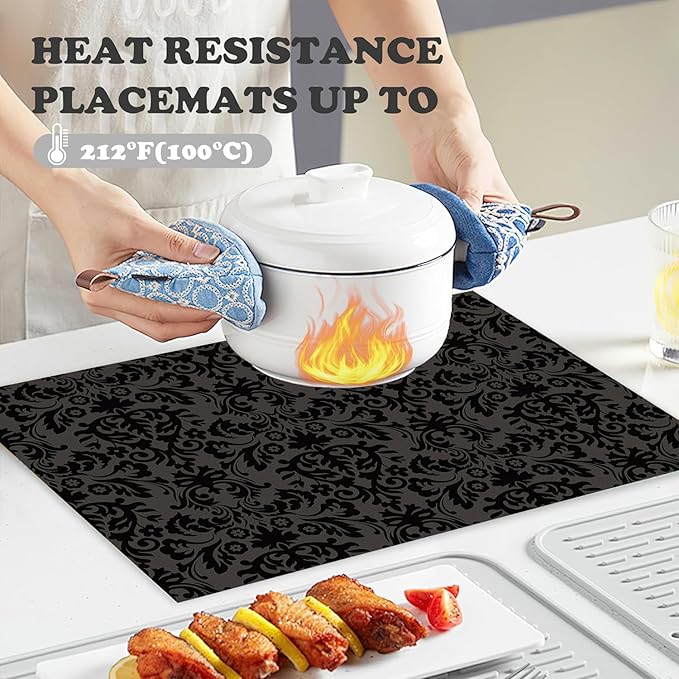 Placemats Set of 4 Vintage Black Damask Floral Dining Place Mats Linen Table Mat for Farmhouse Home Kitchen Decor 12 X 18 Inch