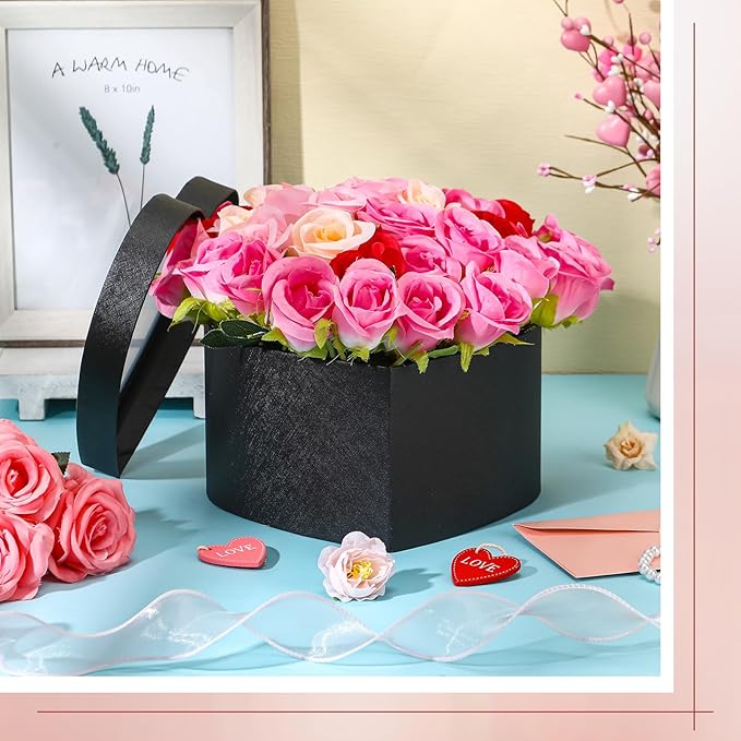 Nuenen Heart Shaped Flower Gift Boxes, Floral Gift Box with Lids Floral Foam Clear Cellophane 9.8 x 9 x 5 Inches for Birthday Wedding Proposal Packaging Arrangements(Black)