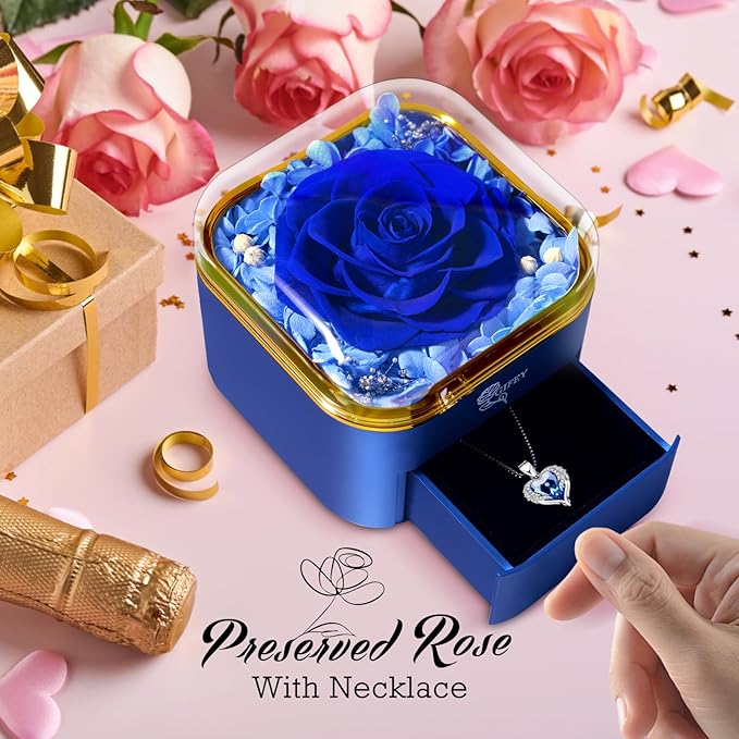 Christmas Birthday Gifts for Women,Preserved Blue Rose with I Love You Necklace,Preserved Flowers Gifts for Mom Girlfriend Women Wife Gifts Idea on Birthday Anniversary Christmas Valentines Day