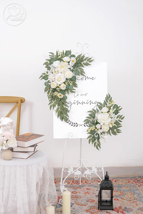 Pack of 2 Wedding Arch Decorations Artificial Hanging Flowers Floral Swag for Wedding Welcome Sign Backdrop Balloon Arch Home Party Bridal Ceremony Reusable(New White)