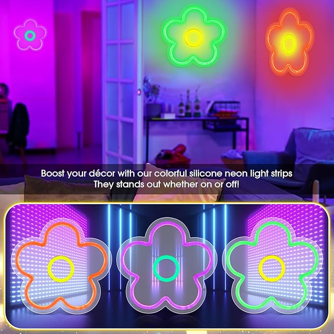 Baquler 3 Pcs Flower Neon Sign Light up Flower Sign Retro Neon LED Lights USB Powered for Wall Decor Window Bedroom Home Girls Birthday Christmas Party Decoration, 9 x 9 Inches(Bright)