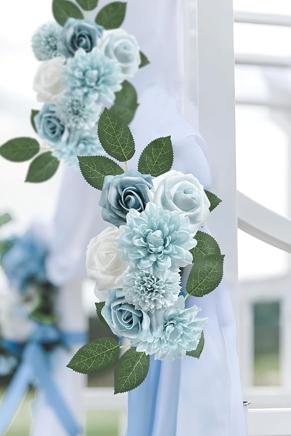 Artificial Flowers Combo Box Set Gradient Color Flower Leaf with Stems for DIY Wedding Bouquets Centerpieces Baby Shower Party Home Decorations(Dusty Blue)