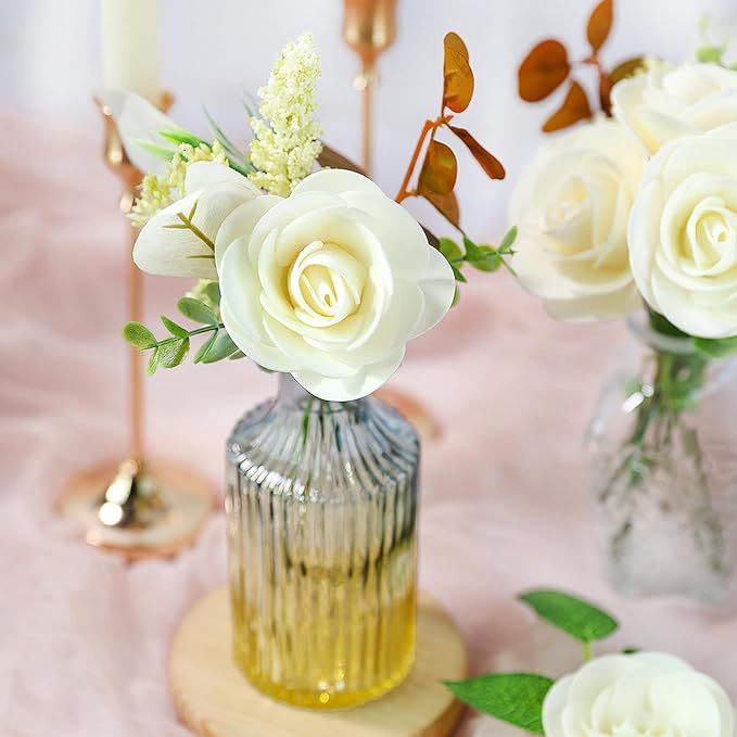 Meldel Artificial Flowers 50pcs Real Looking Beige Foam Fake Roses with Stems for DIY Wedding Bouquets Bridal Shower Centerpieces Floral Arrangements Home Decorations