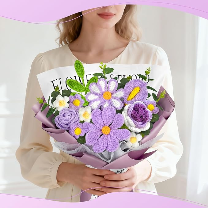 ICX Crochet Flowers Bouquet with Lights,Handmade Knitted Roses Flowers,Gesang Flower,Crochet Heart, Crochet Gift for Wedding, Birthday, Anniversary, Mother’s Day for Her, Girlfriend, Wife(Purple)