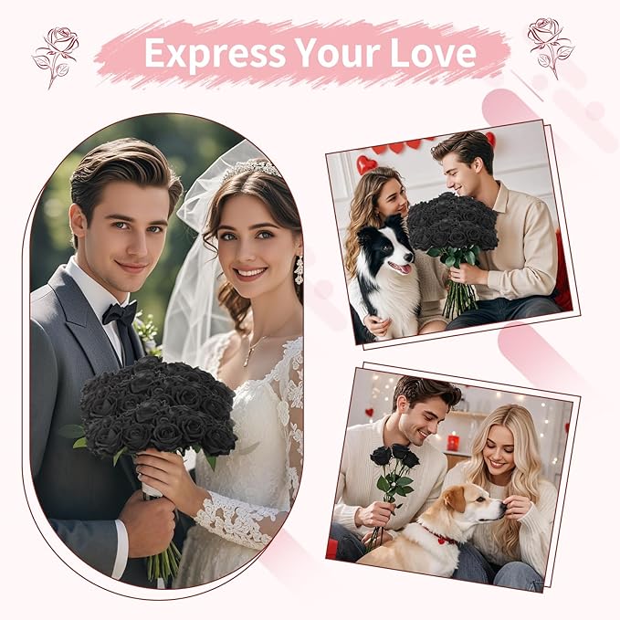 102 PCS Black Roses Artificial Flowers, Fake Roses Bouquet, Artificial Black Rose with Stems for Wedding Flowers Decoration, Valentines Day Mothers Day, Bridal Bouquet Rose
