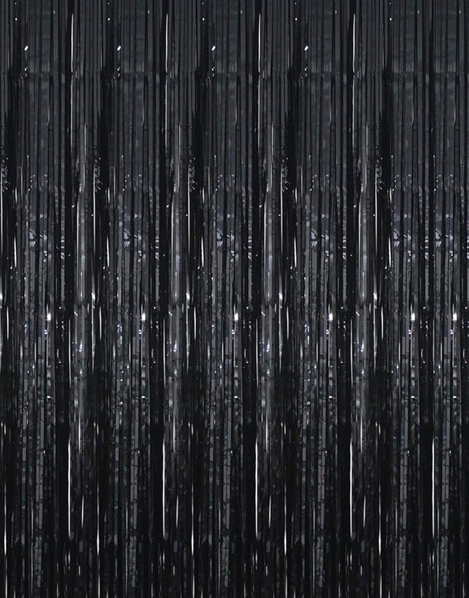 GOER 3.2 ft x 9.8 ft Black Photo Backdrop Party Streamers for Halloween,Birthday Party,1 Pack Black Metallic Tinsel Foil Fringe Curtains Party Decorations Wedding Decor
