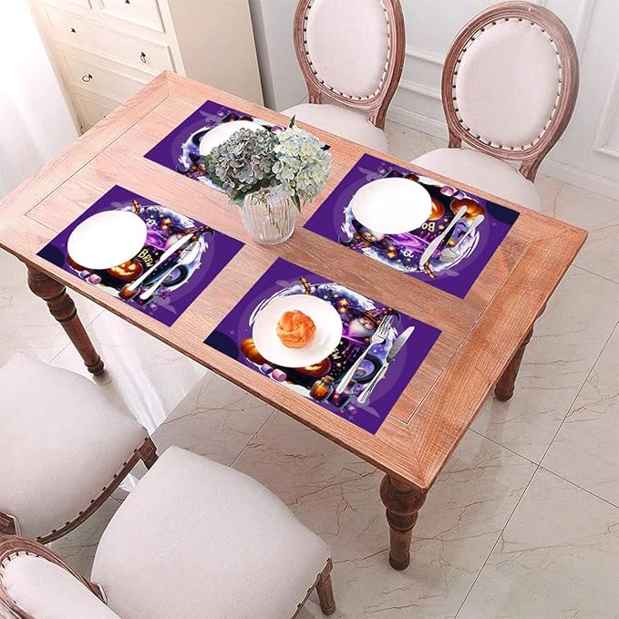 PVC Placemats Set of 4 Wipeable Table Mats Washable Heat Resistant Non Slip Vinyl Dining Table Mat for Kitchen Indoor Outdoor Patio Farmhouse Place Mats Purple Halloween Magic Cauldron Decorative