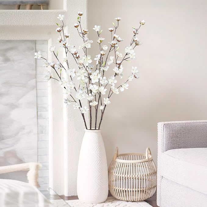 4pcs Artificial Cherry Blossom Flowers 28‘’ Tall Silk Cherry Blossom Branches Faux White Peach Stems for Wedding Home Garden Vase Decor