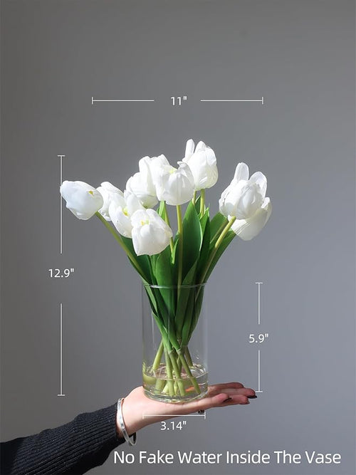 10pcs Fake Faux Tulips in Vase,Silk White Tulipanes Tulips Artificial Flowers Real Touch Arrangements with Vase for Desk Table Decoration Home Decor