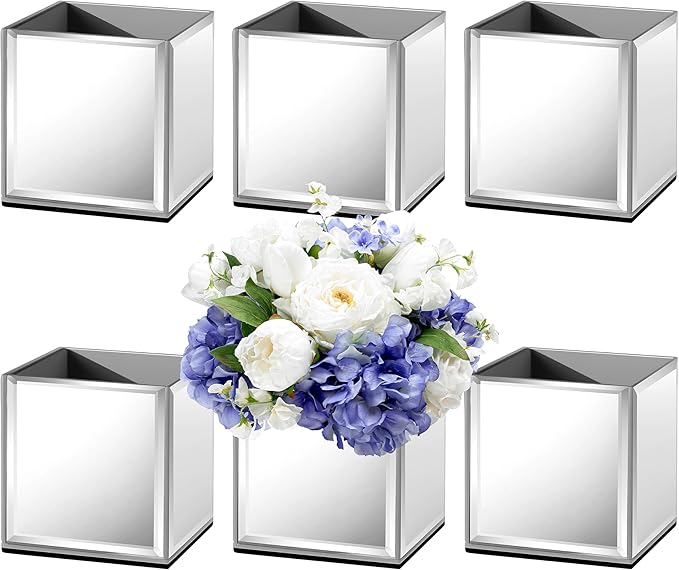 Set of 6 Mirrored Square Glass Vases 4" x4" x4", Silver Flower Vases for Centerpieces, Square Glass Cube Vase Candle Holder for Wedding, Party, Home Office Decoration