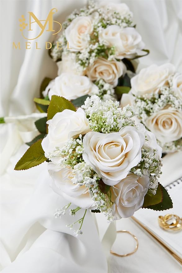 Meldel 2 x Artificial Silk Rose Bridesmaid Bouquets, 6.5'' Wide x 9.5'' Tall, Rustic Wedding Decor, Milk White, Set of 1, Ready to Use