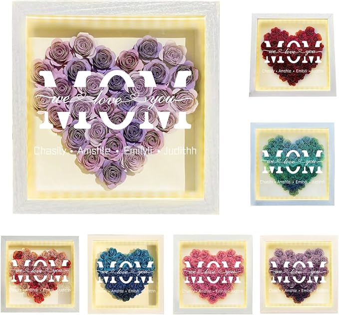 Personalized Mom Flower Shadow Box with LED Light Custom Heart Shaped Rose Flower Shadow Box Frame Mother's Day Rose Shadowbox Memory Gifts for Mom from Daughter Christmas Birthday,21