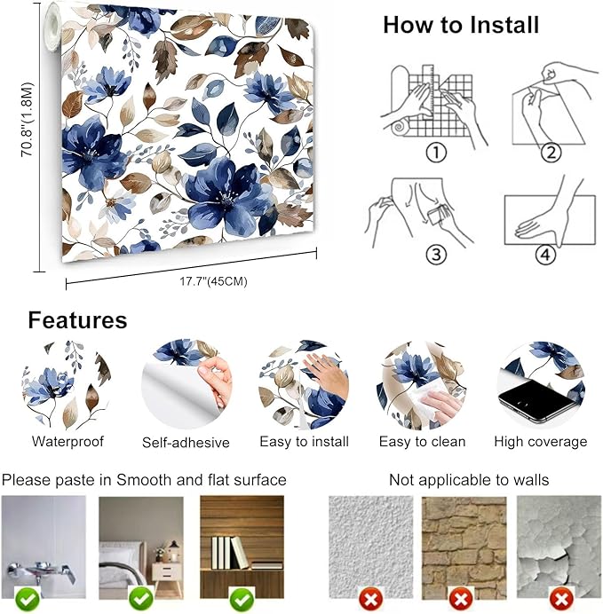 Blue Floral Peel and Stick Wallpaper Modern Contact Paper Waterproof Botanical Flower Removable Self Adhesive Wallpaper for Bathroom Bedroom Living Room Cabinets 17.7"x70.7"