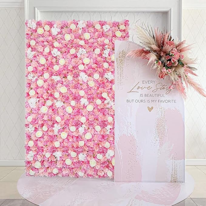 Rose Flower Wall Backdrop Panels 5ftx3.74ft Pink White Artificial Wedding Backdrop 3D Fake Floral Wall for Baby Shower Birthday Party Stage Photo Home Decor