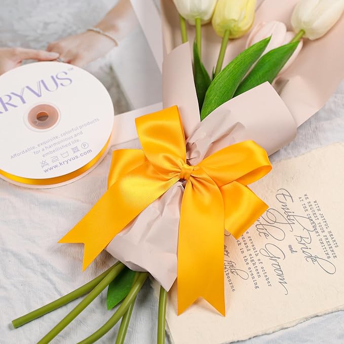 Double Faced Yellow Gold Satin Ribbon, 1-1/2 Inch X 50 Yards Polyester Ribbon for Gift Package Wrapping, Crafts, Bow Making, Sewing, Flower Bouquet, Wedding Party Decor