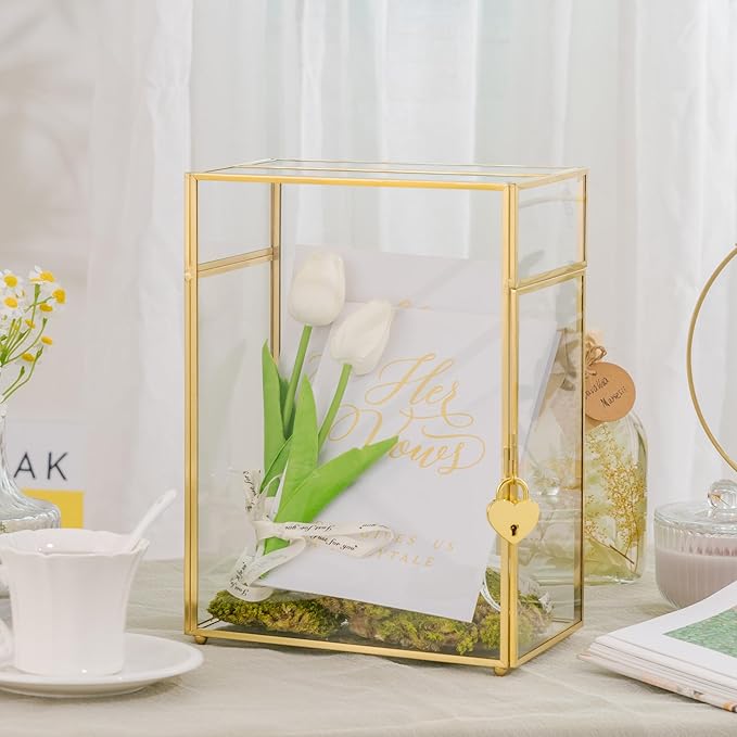 NCYP Small Glass Cards Box with Slot and Lock for Wedding, 8" x 5.5" x 11.3" - Home Birthdays Party Tabletop Decor, Gold, Clear Envelopes Terrarium (Card Box Only)