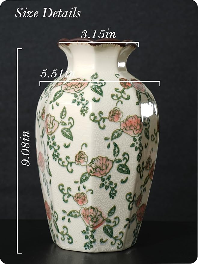 Vintage Ceramic Vase - 9 Inch Hand-Painted Roses with Ice Crackle Glaze Finish, American Farmhouse Style Pitcher Vase for Home Decor, Centerpiece, Shelf, Table, Office, Rustic Wedding Gift
