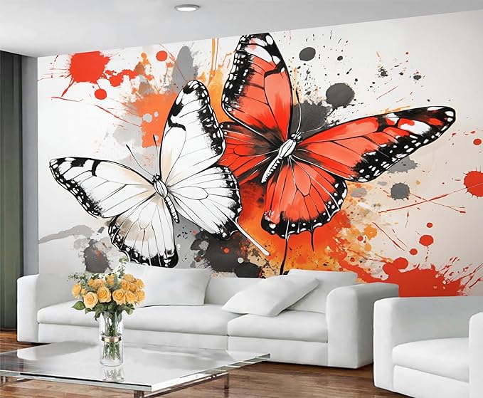 Modern Watercolor Butterfly Wall Mural, Abstract Butterfly 3D Wall Murals, Ink Painting Wallpaper Mural, for Living Room Bedroom Large Wallpaper Indoor Decor 98.4" W x68.9 H