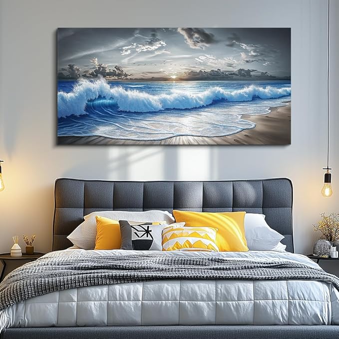 PHAOHUAXM Wall Decor For Living Room Wall Art For Bedroom Office Restaurant Decoration Black White And Blue Ocean Wave Landscape Painting Canvas Pictures Printing Artworks Modern Home Decor 20"X40"