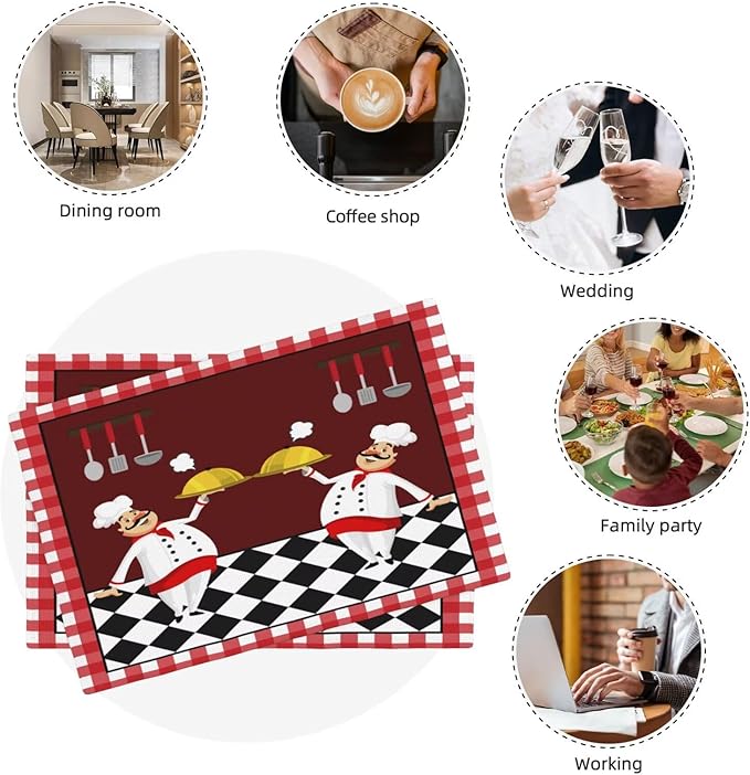Fat Chef Kitchen Linen Placemats Set of 4 Red Plaid Cooking Theme Placemats for Indoor Outdoor Party Home Desktop Dining Room Decor 12x18 Inch