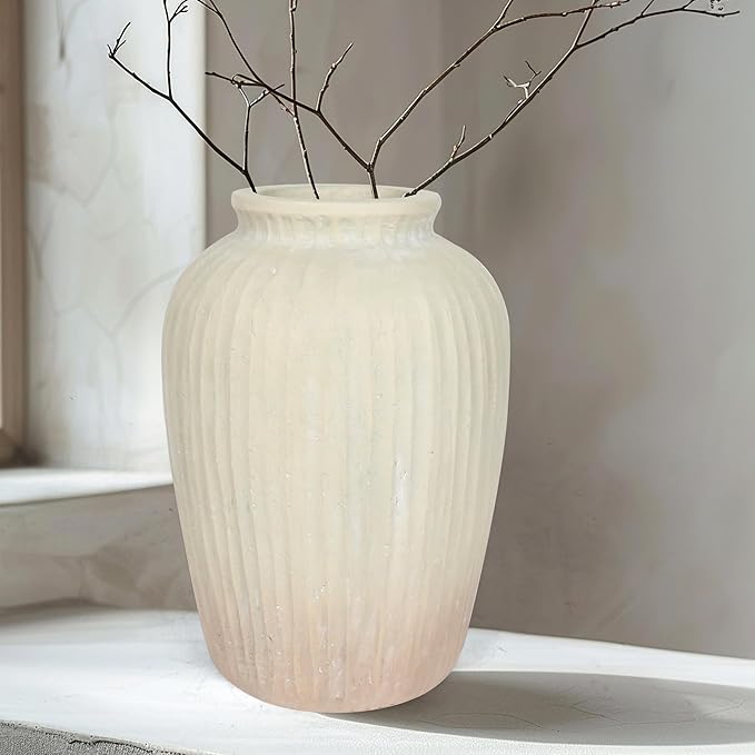Oakrain 15" Tall Rustic Vase, Decorative Flower Vase for Table with Gradient Design, Large Floor Planter for Indoor Plants, Home Decor, Living Room, Entryway, Beige