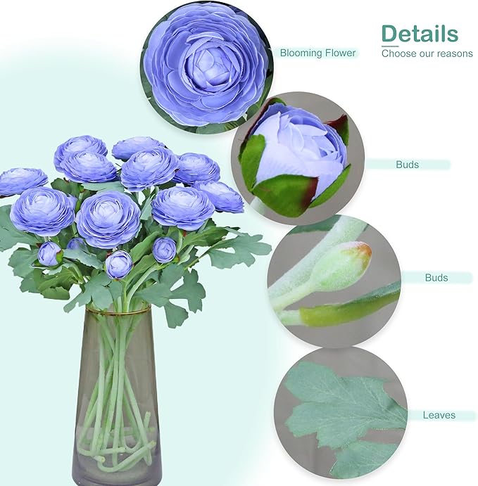 Artificial Ranunculus Flowers with Real Touch Stem, Silk Ranunculus Flowers (Blue, 10pcs)