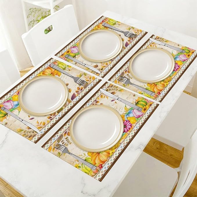 Fall Pumpkin Kitchen Placemats Vintage Rustic Farmhouse Aztec Pumpkins Maple Leaves Sunflowers Harvest Thanksgiving Placemats Table Kitchen Dining Party 12x18 Inch Set of 4