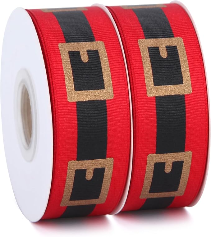 20 Yards Santa Belt Grosgrain Ribbon 7/8 Inch Red Black Gold Craft Ribbons for Christmas Gift Wrapping Wreath Bow DIY Crafts Supplies