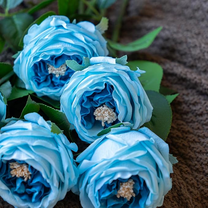 Fake Flowers for Decoration Home Decor Real Touch Artificial Flowers Austin Rose Peony Latex Fake Flower Living Room Decoration Vivid Pink Roses Peonies (Deep Blue 4pcs)
