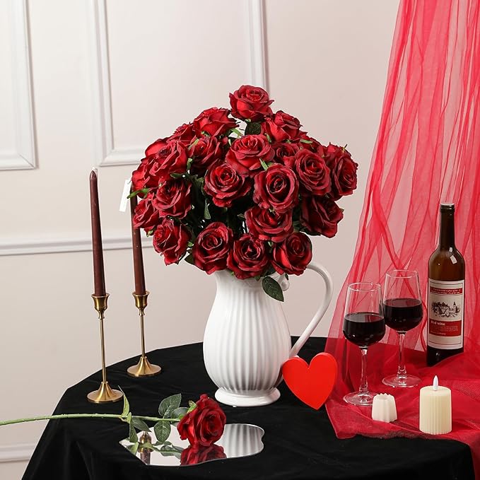 Nubry 24pcs Artificial Silk Roses Bulk,Fake Roses Flower with Stems Realistic Flowers for Wedding Centerpiece Home Party Decor(Burgundy)