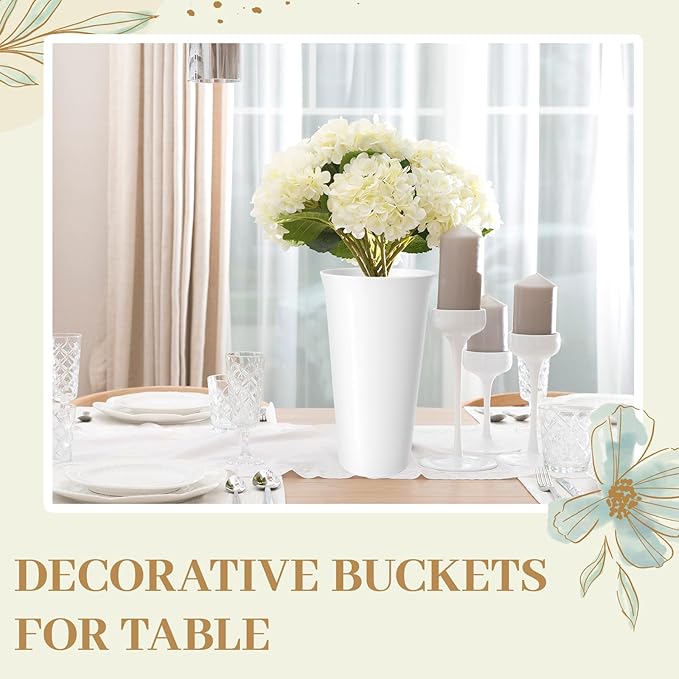24 Pack Flower Buckets 9.84 Inch Plastic Flower Vases, Decorative Flower Buckets for Flower Bar, Modern Round Vases for Centerpieces Floral Display, Table Home Wedding Decorations (White)