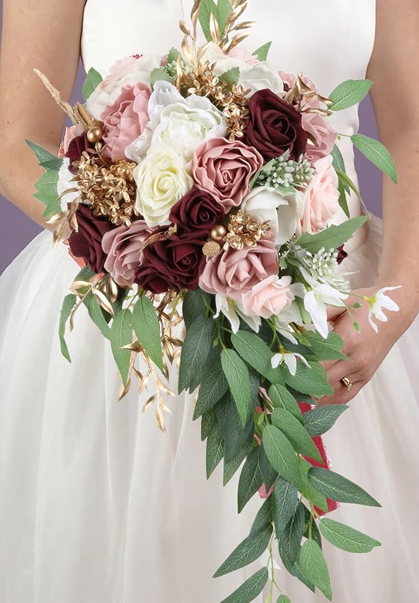 9 Inch Artificial Wedding Bouquets for Bride Bridal Bouquet Bridesmaid Bouquet Tossing Bouquet for Wedding Ceremony Anniversary Bridal Shower(Marsala & Blush)