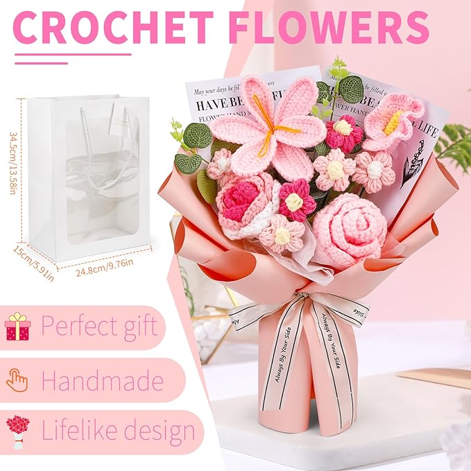 Crochet Flowers Bouquet, Handmade Knitting Crochet Flowers, Tulips Flower and Calla Lily Bouquet for Birthday, Gifts for Women, Valentines (Pink)