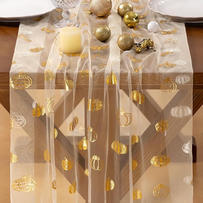 Socomi Gold Table Runner Fall Pumpkin Gauze Sheer Chiffon Cheesecloth Sequin 10FT Glitter Metallic Foil Dining Wedding Birthday Party Baby Shower Holiday Centerpiece Table Decor Beige