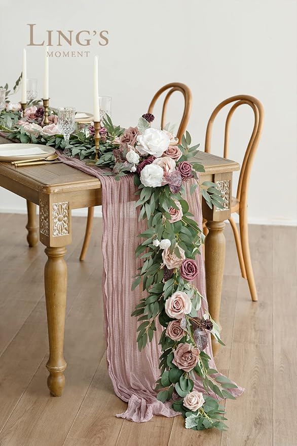 Ling's moment Pink Flower Garland - 6FT Eucalyptus & Rose - Sweetheart Table Decor for Wedding Reception, Artificial Floral Garland for Mantle, Christmas Decoration, Dusty Rose & Mauve