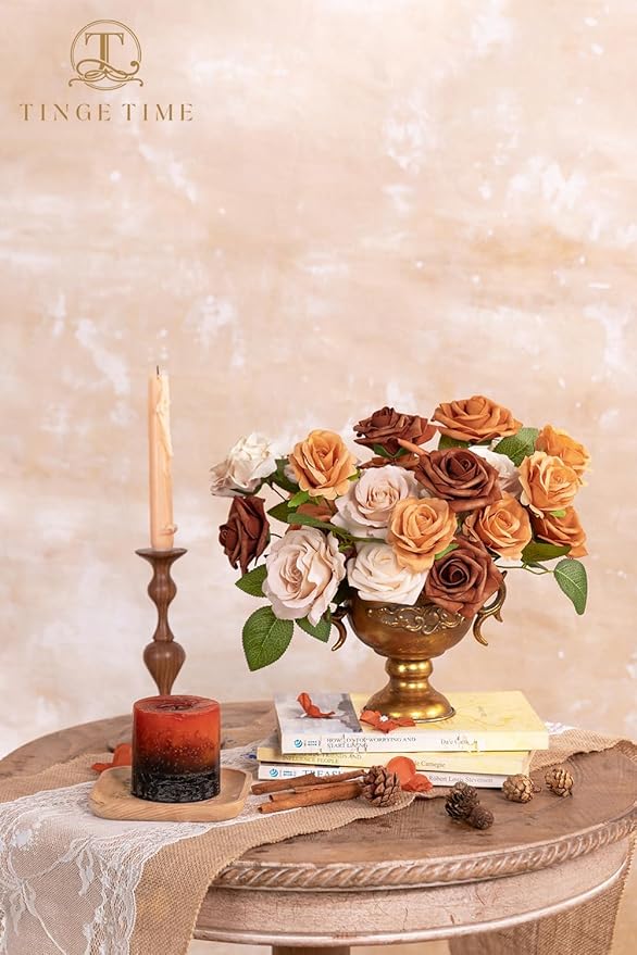 TINGE TIME Terracotta Rose Flowers, 26pcs Artificial Flower for Decoration Fake Rose with Stem for DIY Autumn Wedding Bouquets Centerpieces Bridal Shower Party Flower Arrangements Fall Decorations