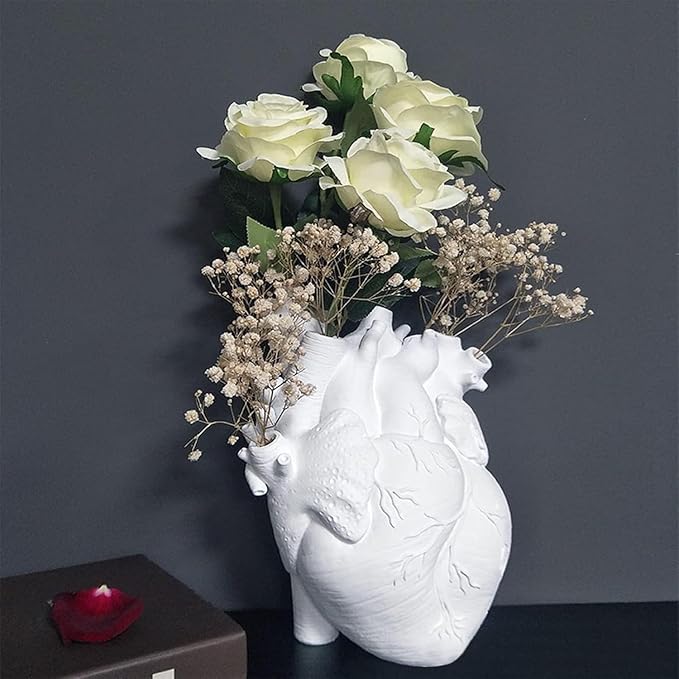 Heart Vase, Gothic Anatomical Resin Flower Pot Desktop, Human Heart Organ Shape for Dried Flower Arrangement on The Dining Table、Desktop Living Room Decoration (White)