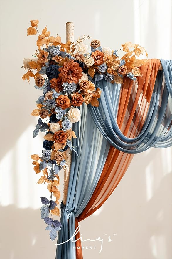 Ling's moment Fall Wedding Arch Flowers with Sheer Drapes Kit - Artificial Orange and Navy Blue Floral Arrangements for Ceremony Backdrop, Arbor Decor, 5-Piece Set (2 Flower Stems + 3 Hanging Drapes)