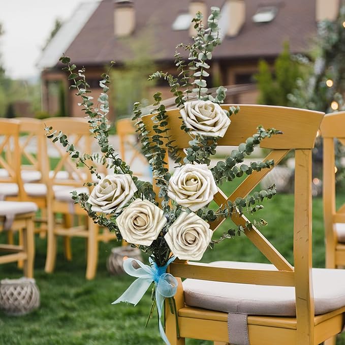 Artificial Flowers, 25pcs Champagne Light Gold Rose for DIY Wedding Bouquets Centerpieces Arrangements, Artificial Rose with Stem for Bridal Shower Party Home Decorations