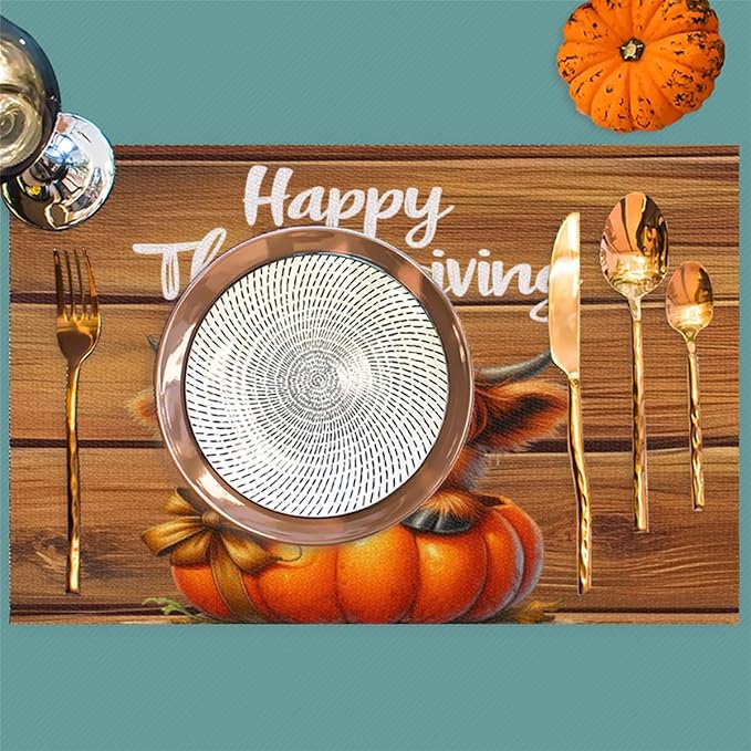 Thanksgiving Pumpkin Highland Cow Placemats Set of 4 PVC Vinyl Non Slip Table Mats Heat Resistant Place Mats Washable Wipeable Dining Table Mat for Kitchen Decor Party Indoor Outdoor Decorative Gift