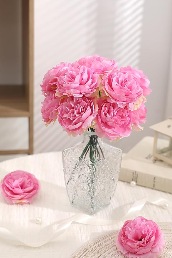 12 PCS Artificial Silk Rose Red Peony Flowers with Stems - 8 Inch Fake Peony Bouquet for Wedding, Home Decor, Office Table, Festival Gifts