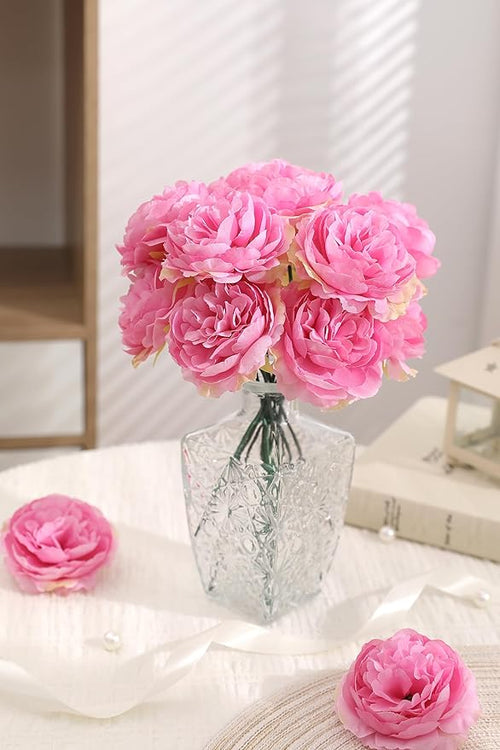 12 PCS Artificial Silk Rose Red Peony Flowers with Stems - 8 Inch Fake Peony Bouquet for Wedding, Home Decor, Office Table, Festival Gifts